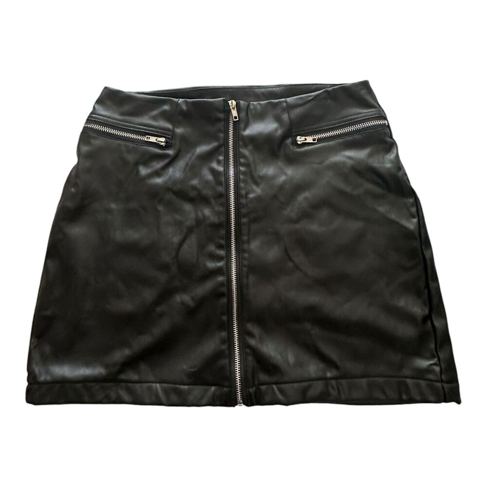 spirit halloween Black Faux Leather Frint Zip mini skirt Sz Large